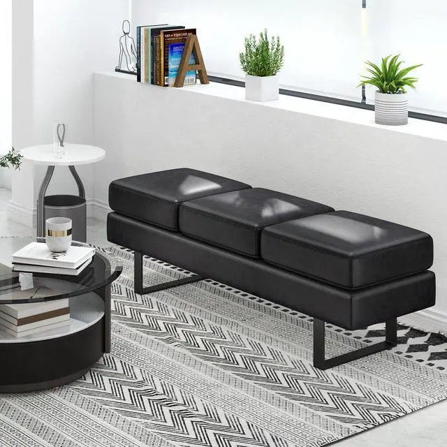 Alt view image 2 of 7 - Waiting Room Bench, Faux Leather Office Guest Chair with 3 Seats, 660 Lbs Capacity, Metal Frame, Reception Chair, Upholstered Bench for Lobby, Conference Room, Entryway, Dining Room (Black)