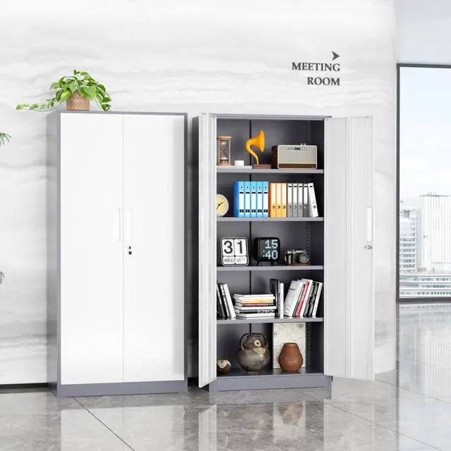 Alt view image 2 of 7 - 72" Metal Office Storage Locking Cabinet, Lockable Garage Storage Cabinets, High Office Cabinet with Adjustable Shelves for Garage(Grey White)