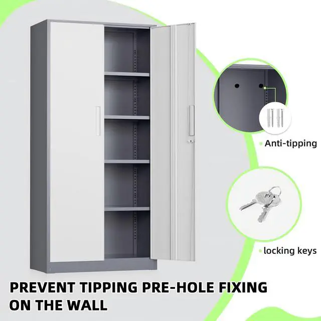 Alt view image 4 of 7 - 72" Metal Office Storage Locking Cabinet, Lockable Garage Storage Cabinets, High Office Cabinet with Adjustable Shelves for Garage(Grey White)
