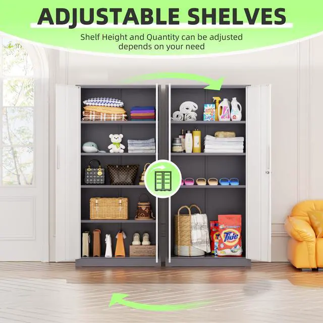 Alt view image 7 of 7 - 72" Metal Office Storage Locking Cabinet, Lockable Garage Storage Cabinets, High Office Cabinet with Adjustable Shelves for Garage(Grey White)