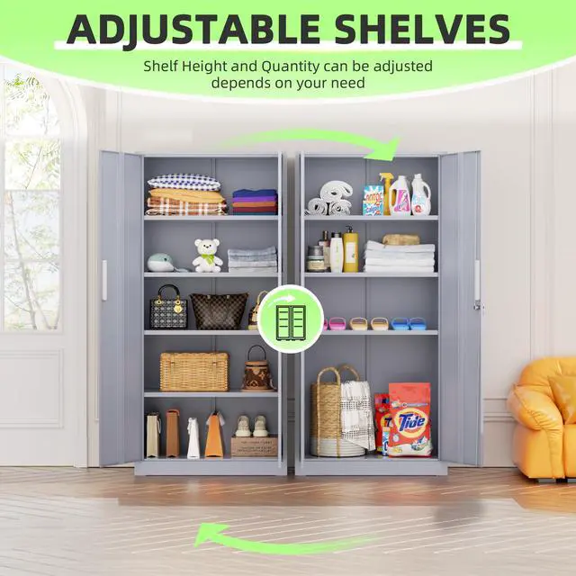 Alt view image 6 of 7 - 72" Metal Office Storage Locking Cabinet, Lockable Garage Storage Cabinets, High Office Storage Cabinet with Adjustable Shelves for Garage(Cement Grey)