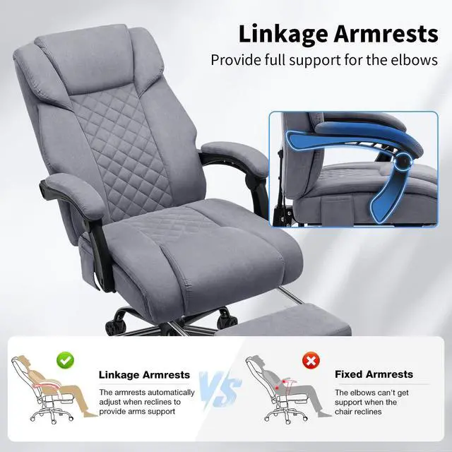Alt view image 7 of 7 - Heated Office Chair Massage Office Chair with Heat 400lbs Executive Reclining Home Desk Chair with Footrest,Linkage Armrests for Heavy People(Grey)