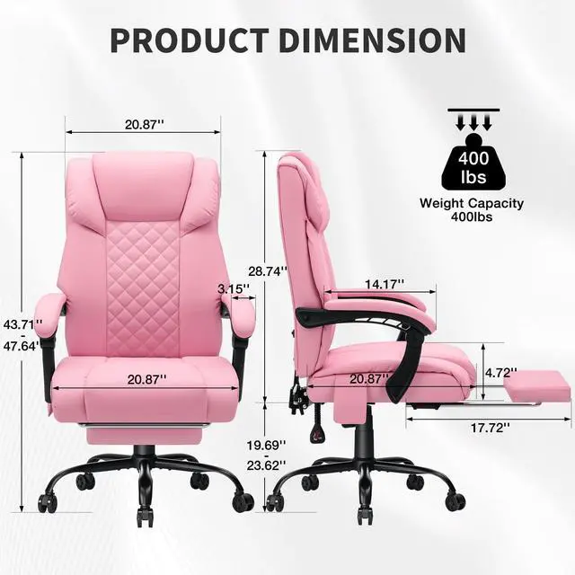 Alt view image 3 of 7 - 400lbs Massage Office Chair with Foot Rest 6 Points Vibration,Pink | Ergonomic Executive Office Chair Reclining High Back Computer Desk Chairs