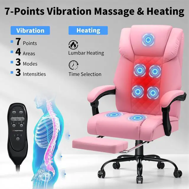 Alt view image 3 of 7 - Heated Office Chair Massage Office Chair with Heat 400lbs Executive Reclining Home Desk Chair with Footrest,Linkage Armrests for Heavy People(Pink)