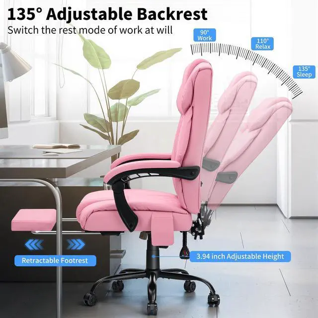 Alt view image 5 of 7 - 400lbs Massage Office Chair with Foot Rest 6 Points Vibration,Pink | Ergonomic Executive Office Chair Reclining High Back Computer Desk Chairs