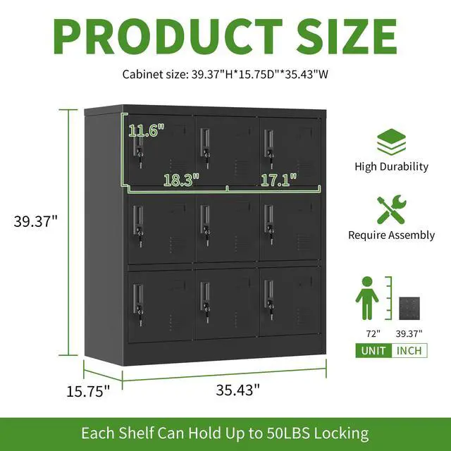 Alt view image 3 of 6 - 9 Doors Metal Lockers for Employees, Steel Storage Locker with Lock and Card Slot, Employee Lockers for Home, Office, School, Gym, Require Assembly(Black)