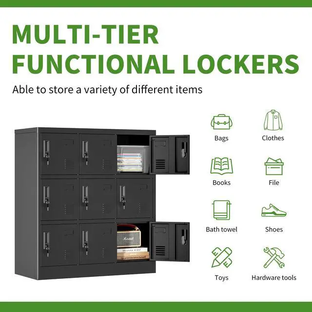 Alt view image 5 of 6 - 9 Doors Metal Lockers for Employees, Steel Storage Locker with Lock and Card Slot, Employee Lockers for Home, Office, School, Gym, Require Assembly(Black)