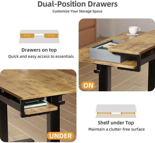 Alt view image 5 of 7 - Electric Standing Desk with 2 Drawers, 48 Inch, Rustic Brown | 28.35-46.46in adjustable height, 3 memory presets, monitor shelf, cable management and hooks for home office