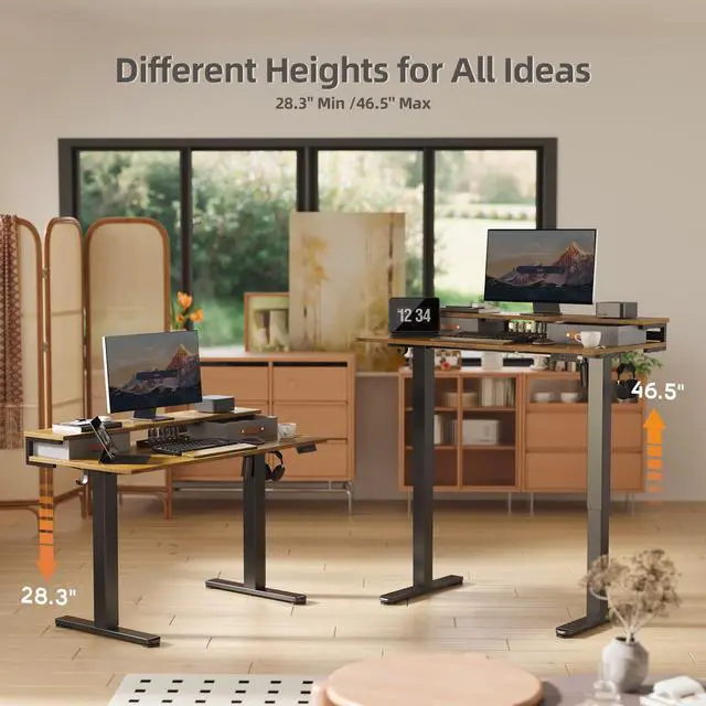 Alt view image 6 of 7 - Electric Standing Desk with 2 Drawers, 48 Inch, Rustic Brown | Adjustable height desk with 2 drawers, open cubicle, monitor shelf, cable management, built-in hooks for home office