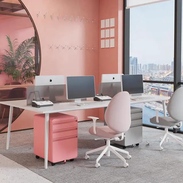 Alt view image 2 of 7 - 3 Drawer Metal Rolling File Cabinet Under Desk Filing Cabinet Pink | 16"W x 18"D x 24"H, Lockable, 5 Wheels, Fully Assembled, Letter/Legal Size, Suitable for Home Office