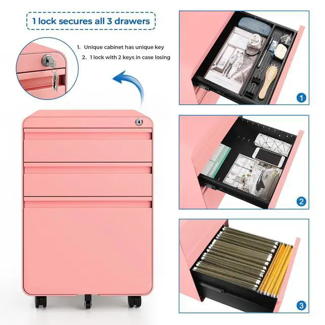 Alt view image 4 of 7 - 3 Drawer Metal Rolling File Cabinet Under Desk Filing Cabinet Pink | 16"W x 18"D x 24"H, Lockable, 5 Wheels, Fully Assembled, Letter/Legal Size, Suitable for Home Office