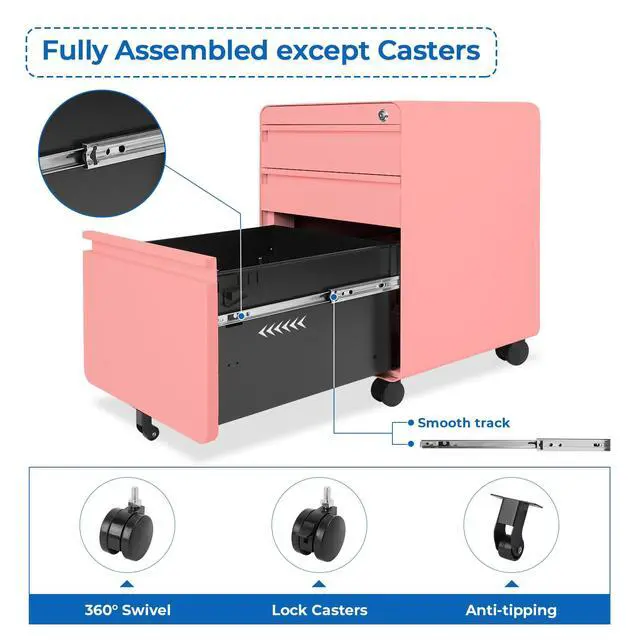 Alt view image 5 of 7 - 3 Drawer Metal Rolling File Cabinet Under Desk Filing Cabinet Pink | 16"W x 18"D x 24"H, Lockable, 5 Wheels, Fully Assembled, Letter/Legal Size, Suitable for Home Office