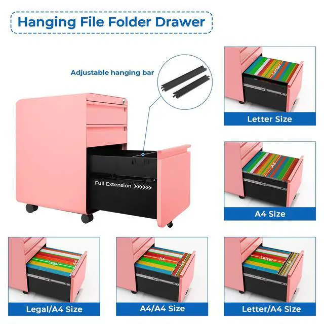 Alt view image 6 of 7 - 3 Drawer Metal Rolling File Cabinet Under Desk Filing Cabinet Pink | 16"W x 18"D x 24"H, Lockable, 5 Wheels, Fully Assembled, Letter/Legal Size, Suitable for Home Office