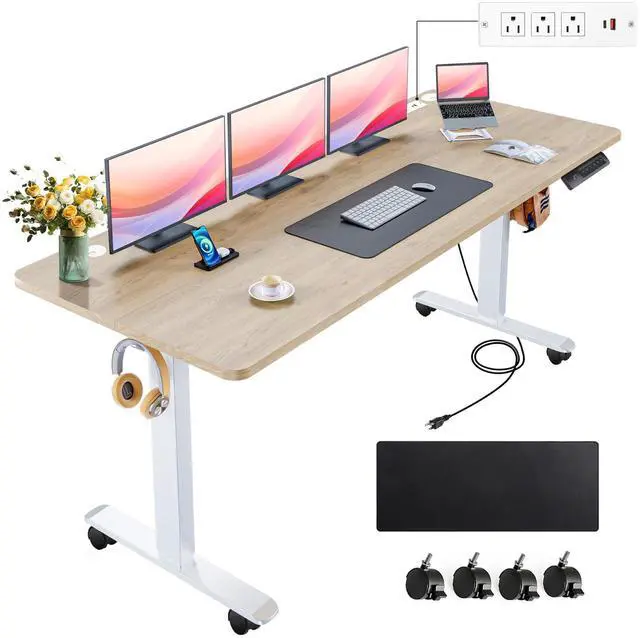 Main image of Electric Standing Desk 63 x 24In with Power Outlets, Adjustable Height Stand up Desk with Large Mouse Pad, Double Hooks and 4 Wheels, 27''-46'' Lifting Range, Easy to Set for Home/Office(Oak)