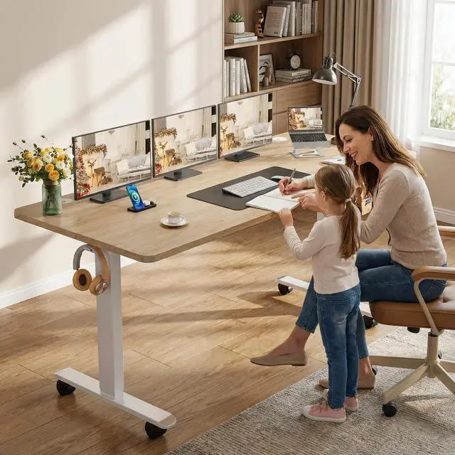 Alt view image 2 of 7 - Electric Standing Desk 63 x 24In with Power Outlets, Adjustable Height Stand up Desk with Large Mouse Pad, Double Hooks and 4 Wheels, 27''-46'' Lifting Range, Easy to Set for Home/Office(Oak)