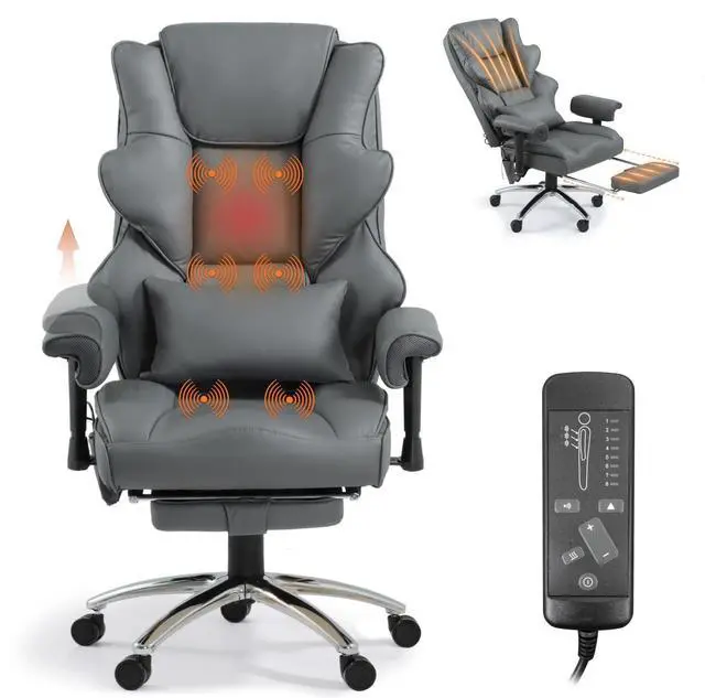 Main image of Vibration Massage Heated Office Desk Chair with Foot Rest, Gray | Reclining Backrest,Adjustable Armrest,High Back Leather Desk Chair,Lumbar Support,Home Office,Executive,Ergonomic