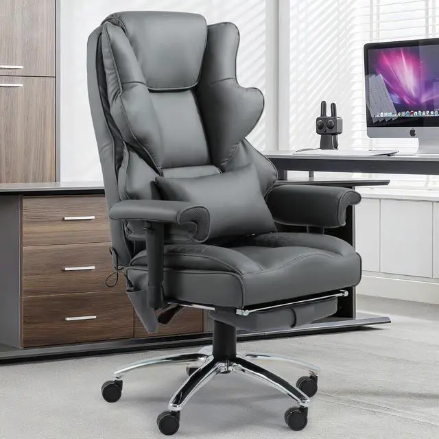 Alt view image 2 of 7 - Vibration Massage Heated Office Desk Chair with Foot Rest, Gray | Reclining Backrest,Adjustable Armrest,High Back Leather Desk Chair,Lumbar Support,Home Office,Executive,Ergonomic
