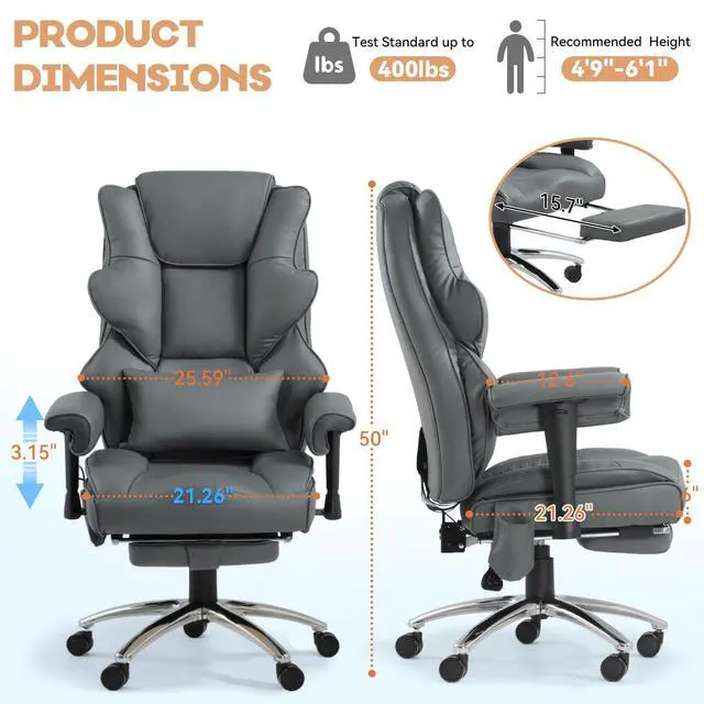 Alt view image 3 of 7 - Vibration Massage Heated Office Desk Chair with Foot Rest, Gray | Reclining Backrest,Adjustable Armrest,High Back Leather Desk Chair,Lumbar Support,Home Office,Executive,Ergonomic