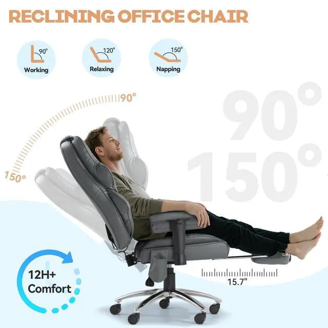 Alt view image 4 of 7 - Vibration Massage Heated Office Desk Chair with Foot Rest, Gray | Reclining Backrest,Adjustable Armrest,High Back Leather Desk Chair,Lumbar Support,Home Office,Executive,Ergonomic