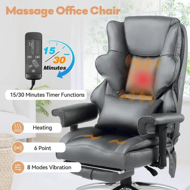 Alt view image 5 of 7 - Vibration Massage Heated Office Desk Chair with Foot Rest, Gray | Reclining Backrest,Adjustable Armrest,High Back Leather Desk Chair,Lumbar Support,Home Office,Executive,Ergonomic