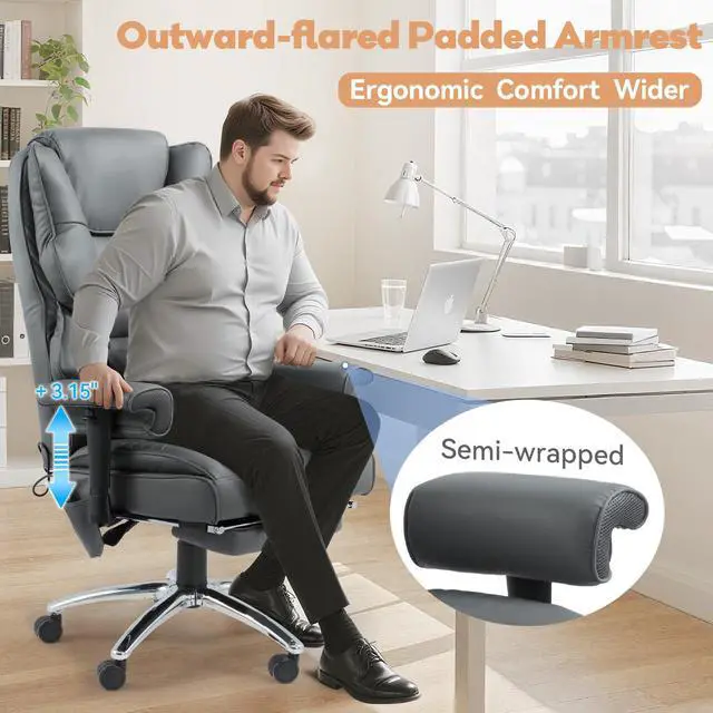 Alt view image 6 of 7 - Vibration Massage Heated Office Desk Chair with Foot Rest, Gray | Reclining Backrest,Adjustable Armrest,High Back Leather Desk Chair,Lumbar Support,Home Office,Executive,Ergonomic