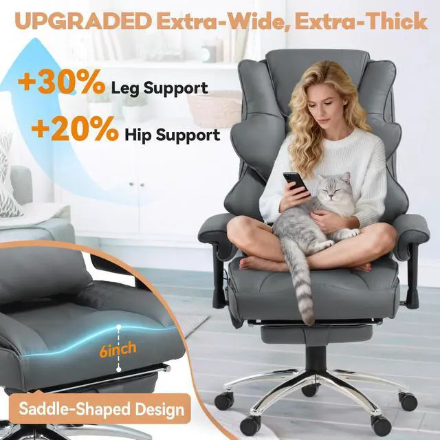 Alt view image 7 of 7 - Vibration Massage Heated Office Desk Chair with Foot Rest, Gray | Reclining Backrest,Adjustable Armrest,High Back Leather Desk Chair,Lumbar Support,Home Office,Executive,Ergonomic