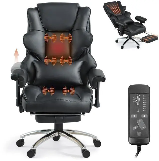 Main image of Vibration Massage Heated Office Desk Chair with Foot Rest, Black | Reclining Backrest,Adjustable Armrest,High Back Leather Desk Chair,Lumbar Support,Home Office,Executive,Ergonomic