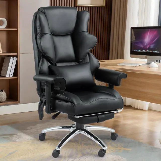 Alt view image 2 of 7 - Vibration Massage Heated Office Desk Chair with Foot Rest, Black | Reclining Backrest,Adjustable Armrest,High Back Leather Desk Chair,Lumbar Support,Home Office,Executive,Ergonomic