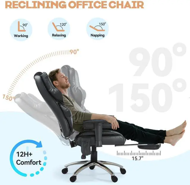 Alt view image 3 of 7 - Vibration Massage Heated Office Desk Chair with Foot Rest, Black | Reclining Backrest,Adjustable Armrest,High Back Leather Desk Chair,Lumbar Support,Home Office,Executive,Ergonomic