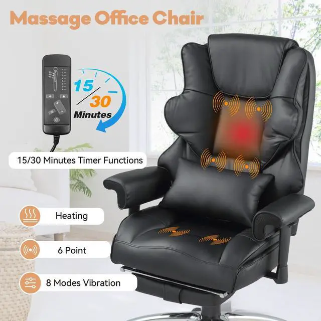 Alt view image 4 of 7 - Vibration Massage Heated Office Desk Chair with Foot Rest, Black | Reclining Backrest,Adjustable Armrest,High Back Leather Desk Chair,Lumbar Support,Home Office,Executive,Ergonomic