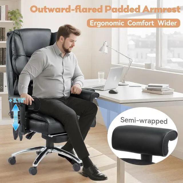 Alt view image 6 of 7 - Vibration Massage Heated Office Desk Chair with Foot Rest, Black | Reclining Backrest,Adjustable Armrest,High Back Leather Desk Chair,Lumbar Support,Home Office,Executive,Ergonomic