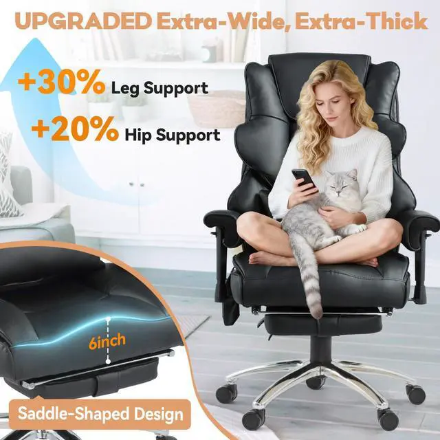 Alt view image 7 of 7 - Vibration Massage Heated Office Desk Chair with Foot Rest, Black | Reclining Backrest,Adjustable Armrest,High Back Leather Desk Chair,Lumbar Support,Home Office,Executive,Ergonomic