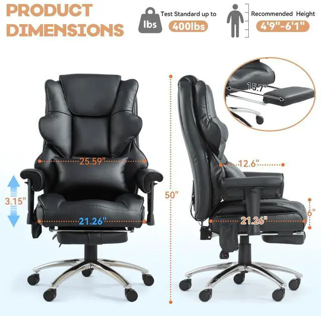 Alt view image 5 of 7 - Vibration Massage Heated Office Desk Chair with Foot Rest, Black | Reclining Backrest,Adjustable Armrest,High Back Leather Desk Chair,Lumbar Support,Home Office,Executive,Ergonomic
