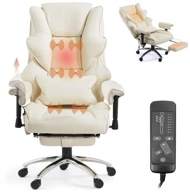 Main image of Vibration Massage Heated Office Desk Chair with Foot Rest, Beige | Reclining Backrest,Adjustable Armrest,High Back Leather Desk Chair,Lumbar Support,Home Office,Executive,Ergonomic
