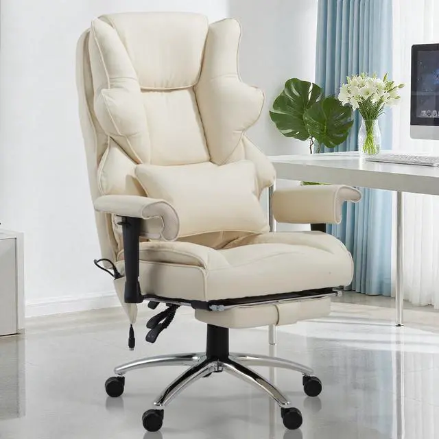 Alt view image 2 of 7 - Vibration Massage Heated Office Desk Chair with Foot Rest, Beige | Reclining Backrest,Adjustable Armrest,High Back Leather Desk Chair,Lumbar Support,Home Office,Executive,Ergonomic