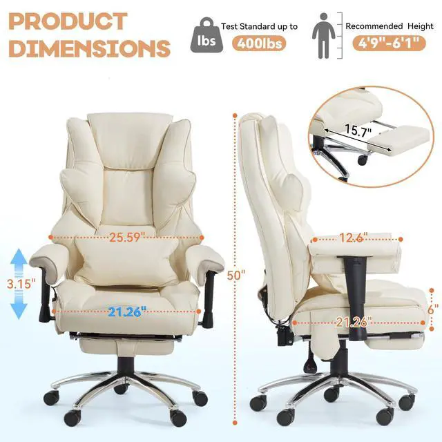 Alt view image 3 of 7 - Vibration Massage Heated Office Desk Chair with Foot Rest, Beige | Reclining Backrest,Adjustable Armrest,High Back Leather Desk Chair,Lumbar Support,Home Office,Executive,Ergonomic