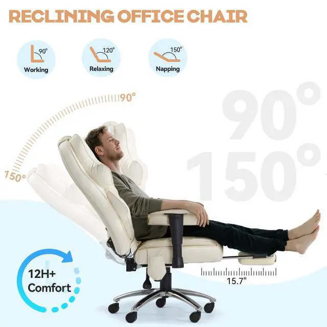 Alt view image 4 of 7 - Vibration Massage Heated Office Desk Chair with Foot Rest, Beige | Reclining Backrest,Adjustable Armrest,High Back Leather Desk Chair,Lumbar Support,Home Office,Executive,Ergonomic