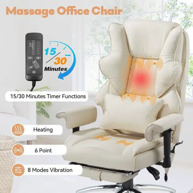 Alt view image 5 of 7 - Vibration Massage Heated Office Desk Chair with Foot Rest, Beige | Reclining Backrest,Adjustable Armrest,High Back Leather Desk Chair,Lumbar Support,Home Office,Executive,Ergonomic