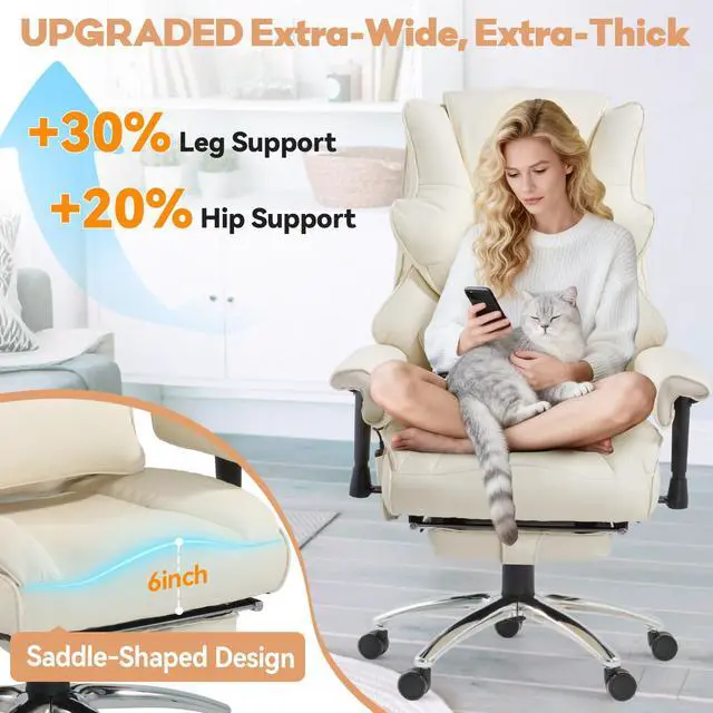 Alt view image 6 of 7 - Vibration Massage Heated Office Desk Chair with Foot Rest, Beige | Reclining Backrest,Adjustable Armrest,High Back Leather Desk Chair,Lumbar Support,Home Office,Executive,Ergonomic