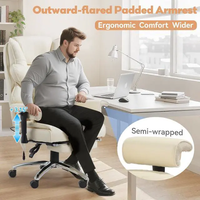 Alt view image 7 of 7 - Vibration Massage Heated Office Desk Chair with Foot Rest, Beige | Reclining Backrest,Adjustable Armrest,High Back Leather Desk Chair,Lumbar Support,Home Office,Executive,Ergonomic