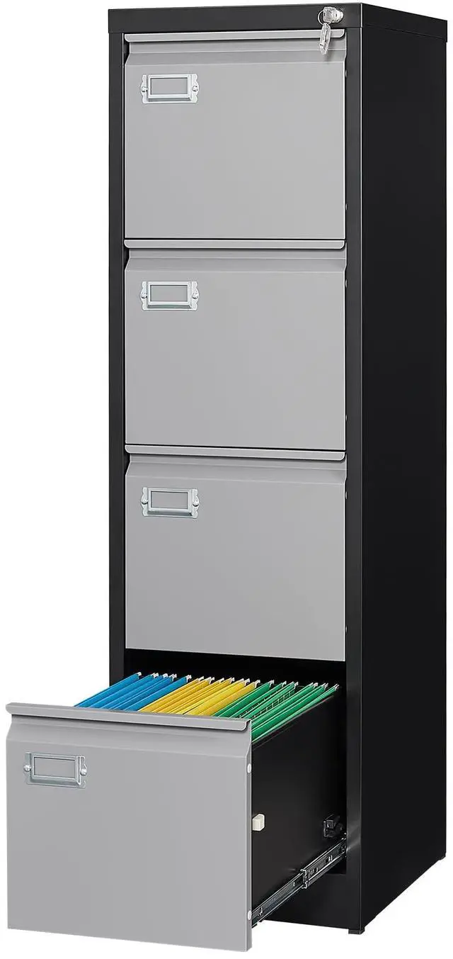 Main image of Metal Vertical File Cabinet with LockNarrow Filing Cabinets Hanging Files Letter/Legal/A4 Size, Metal Storage Cabinet for Home Office, Assembly Required (Black Grey, 4-Drawer)