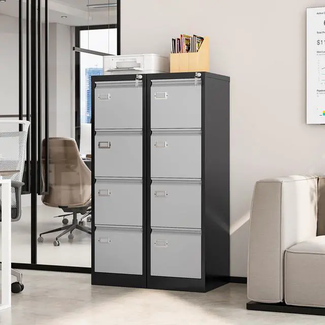 Alt view image 2 of 7 - Metal Vertical File Cabinet with LockNarrow Filing Cabinets Hanging Files Letter/Legal/A4 Size, Metal Storage Cabinet for Home Office, Assembly Required (Black Grey, 4-Drawer)