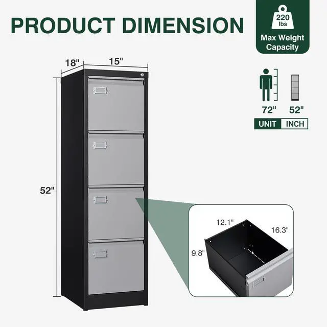 Alt view image 3 of 7 - Metal Vertical File Cabinet with LockNarrow Filing Cabinets Hanging Files Letter/Legal/A4 Size, Metal Storage Cabinet for Home Office, Assembly Required (Black Grey, 4-Drawer)