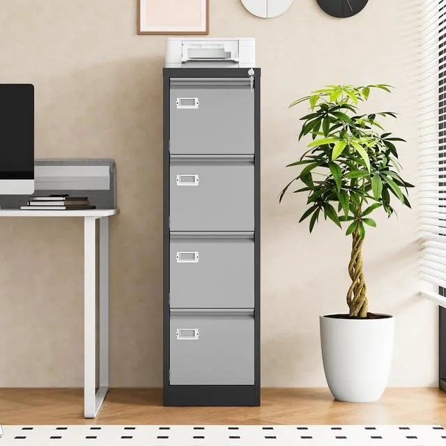 Alt view image 4 of 7 - Metal Vertical File Cabinet with LockNarrow Filing Cabinets Hanging Files Letter/Legal/A4 Size, Metal Storage Cabinet for Home Office, Assembly Required (Black Grey, 4-Drawer)