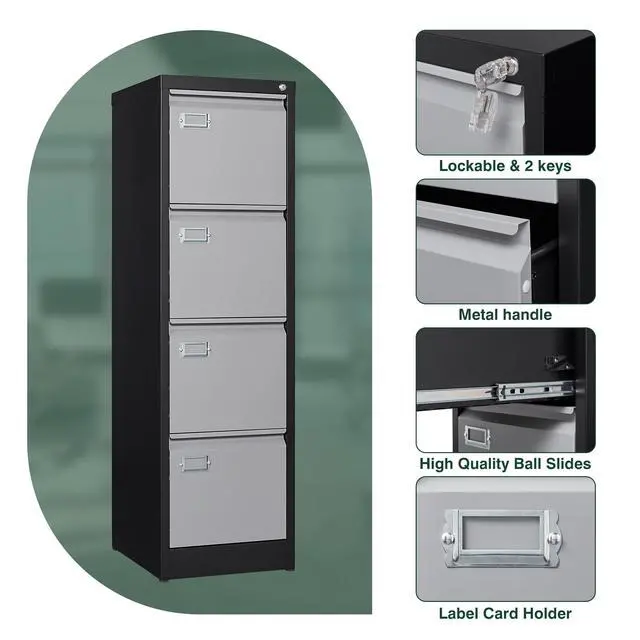 Alt view image 6 of 7 - Metal Vertical File Cabinet with LockNarrow Filing Cabinets Hanging Files Letter/Legal/A4 Size, Metal Storage Cabinet for Home Office, Assembly Required (Black Grey, 4-Drawer)