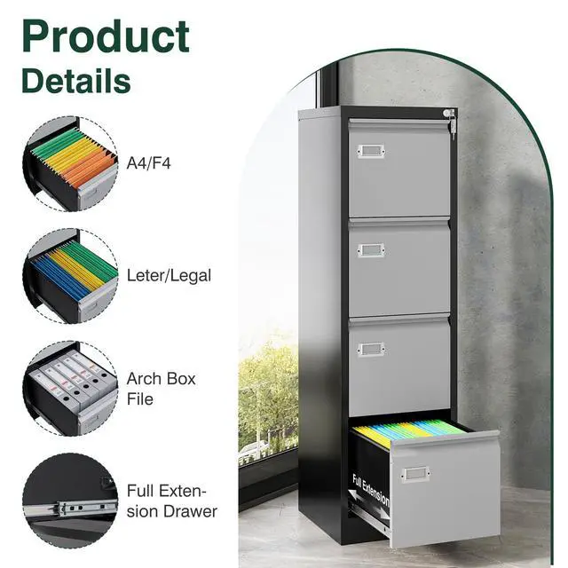 Alt view image 7 of 7 - Metal Vertical File Cabinet with LockNarrow Filing Cabinets Hanging Files Letter/Legal/A4 Size, Metal Storage Cabinet for Home Office, Assembly Required (Black Grey, 4-Drawer)