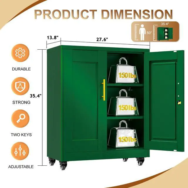 Alt view image 3 of 7 - 36" Metal File Garage Storage Cabinet with Lock and Wheels,Rolling Tool Steel Locker Organizer,3D Printer Table Cabinet with Filament and 2 Adjustable Shelves for Home Office,Studio,School (Green)