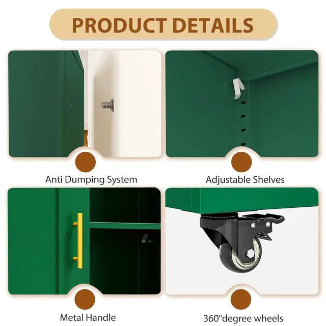 Alt view image 4 of 7 - 36" Metal File Garage Storage Cabinet with Lock and Wheels,Rolling Tool Steel Locker Organizer,3D Printer Table Cabinet with Filament and 2 Adjustable Shelves for Home Office,Studio,School (Green)