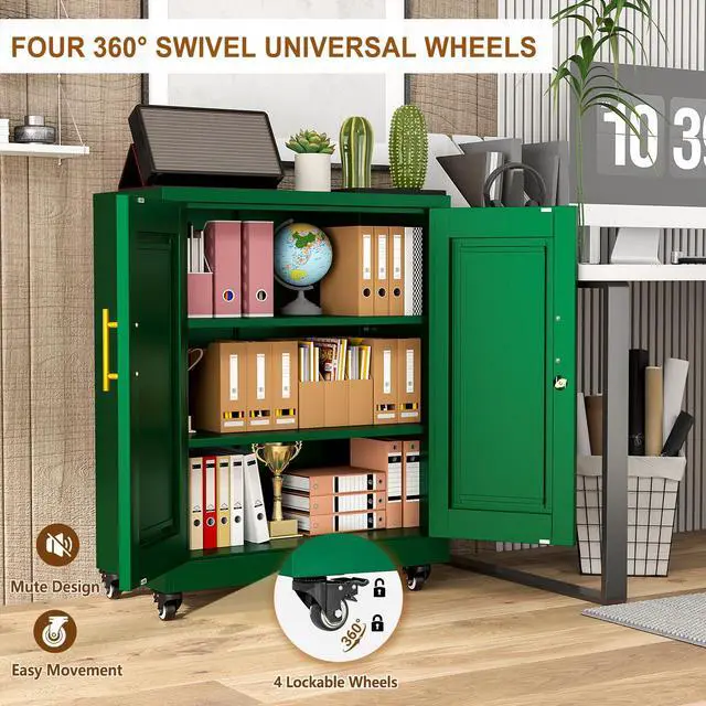 Alt view image 5 of 7 - 36" Metal File Garage Storage Cabinet with Lock and Wheels,Rolling Tool Steel Locker Organizer,3D Printer Table Cabinet with Filament and 2 Adjustable Shelves for Home Office,Studio,School (Green)