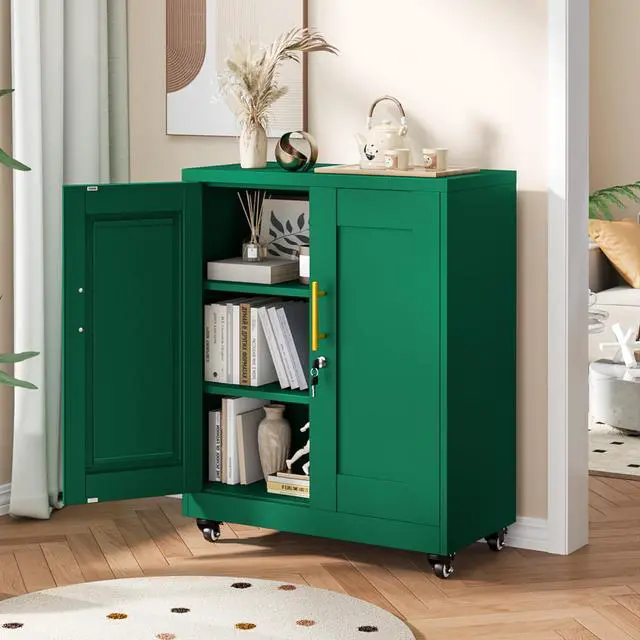 Alt view image 2 of 7 - 36" Metal File Garage Storage Cabinet with Lock and Wheels,Rolling Tool Steel Locker Organizer,3D Printer Table Cabinet with Filament and 2 Adjustable Shelves for Home Office,Studio,School (Green)